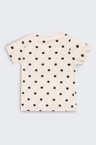 Tweens Girls Regular Fit Off White Polka Dot T-Shirt