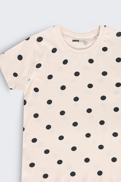 Tweens Girls Regular Fit Off White Polka Dot T-Shirt