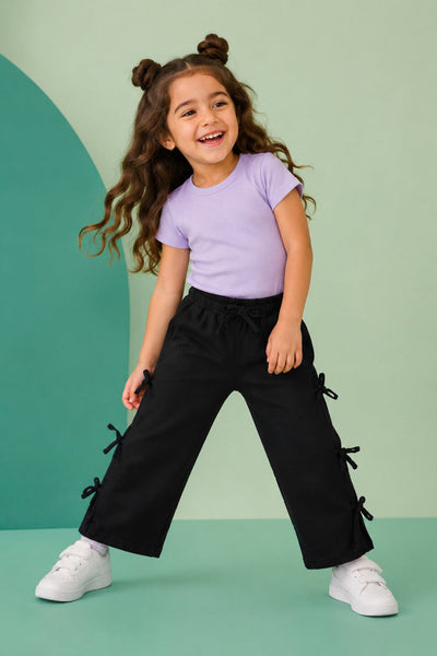 Girls Wide Leg Fit Black Solid Track Pant