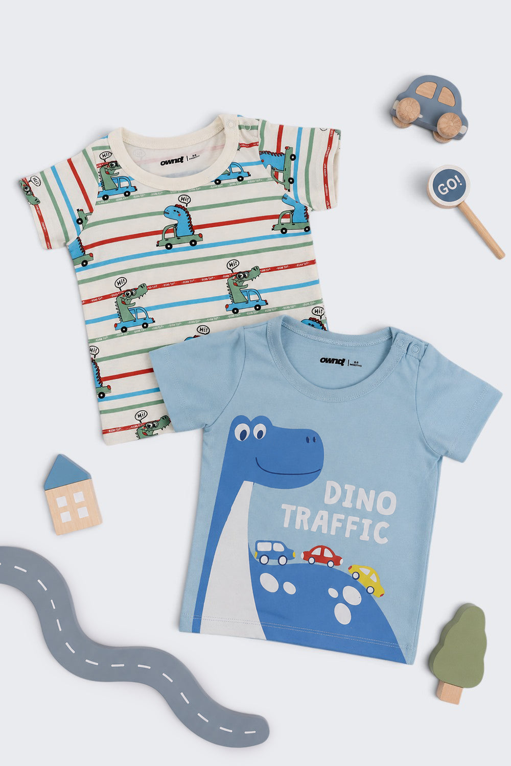 Infant Boys Regular Fit Blue Dino Graphic T-Shirt - Pack of 2