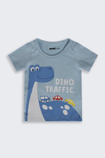 Infant Boys Regular Fit Blue Dino Graphic T-Shirt - Pack of 2