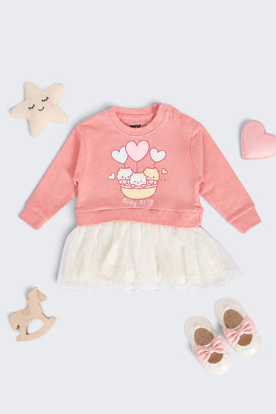 Infant Girls Flared Pink Cats Graphic Dress