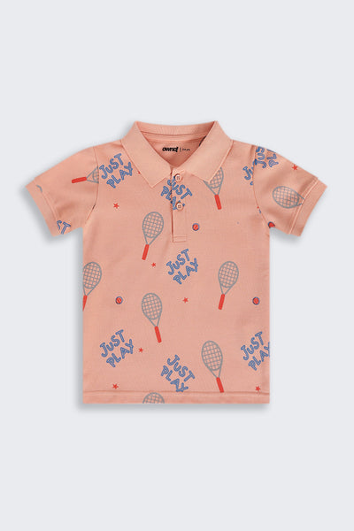 Boys Regular Fit Peach Badminton Graphic Printed T-Shirt