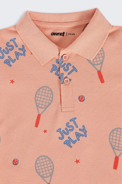 Boys Regular Fit Peach Badminton Graphic Printed T-Shirt