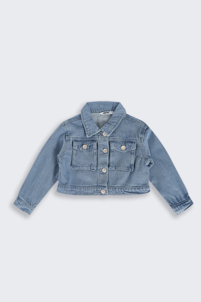 Girls Boxy Fit Blue Solid Denim Jacket
