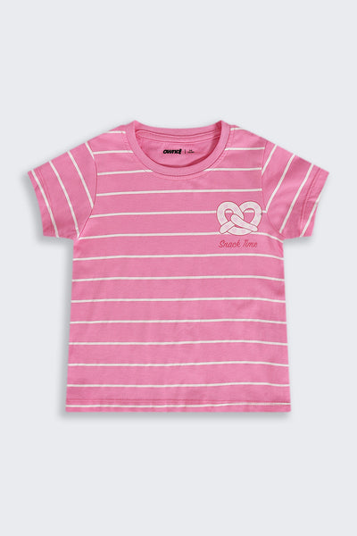 Girls Regular Fit Pink Striped T-Shirt