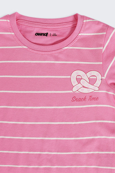 Girls Regular Fit Pink Striped T-Shirt