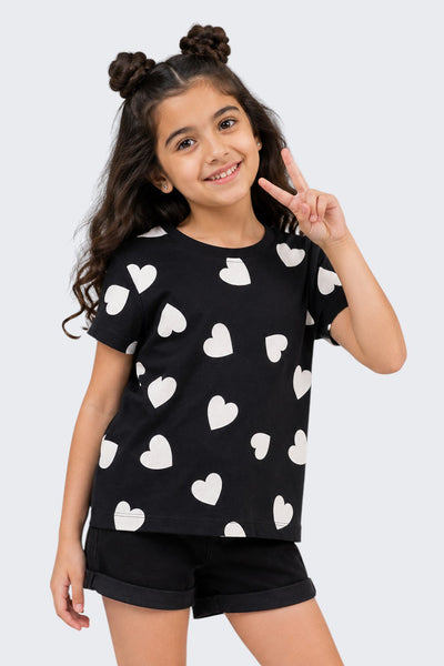 Girls Regular Fit Black Heart Printed T-Shirt