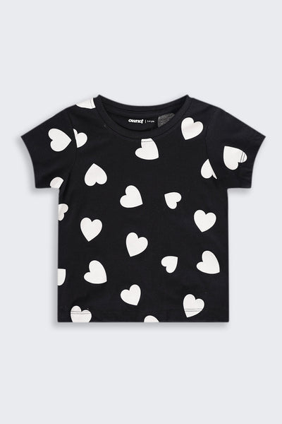 Girls Regular Fit Black Heart Printed T-Shirt