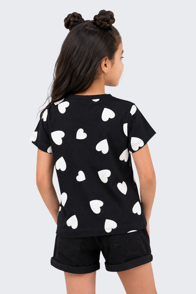 Girls Regular Fit Black Heart Printed T-Shirt