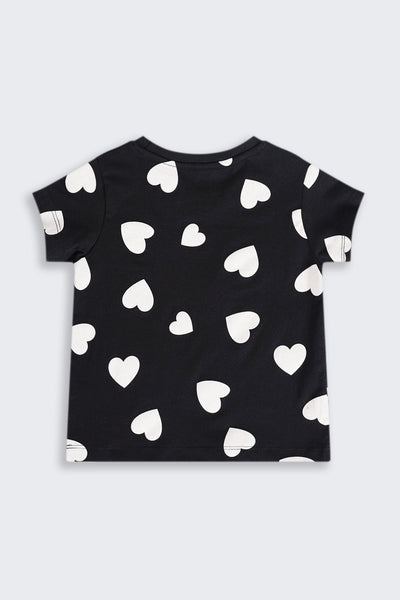 Girls Regular Fit Black Heart Printed T-Shirt