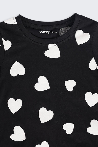 Girls Regular Fit Black Heart Printed T-Shirt