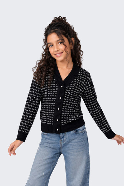 Tweens Girls Regular Fit Black Self Design Sweater