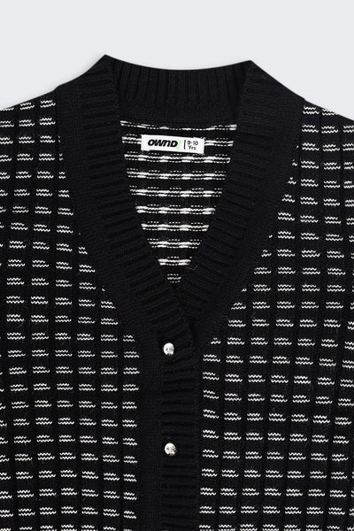 Tweens Girls Regular Fit Black Self Design Sweater