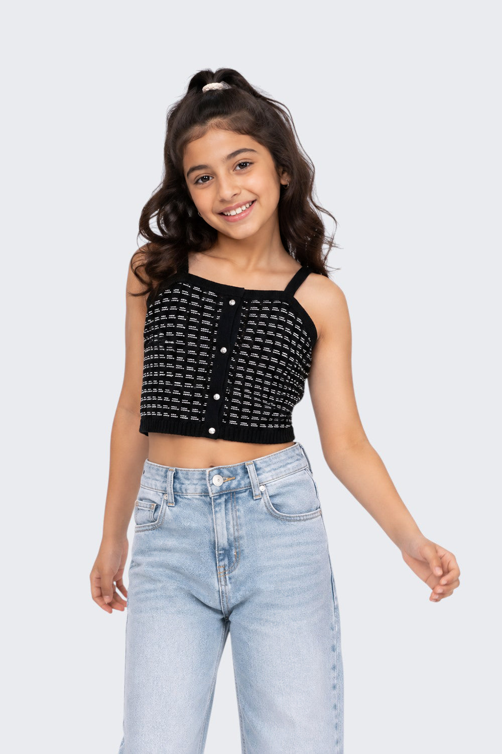 Tweens Girls Regular Fit Black Self Design Crop Top
