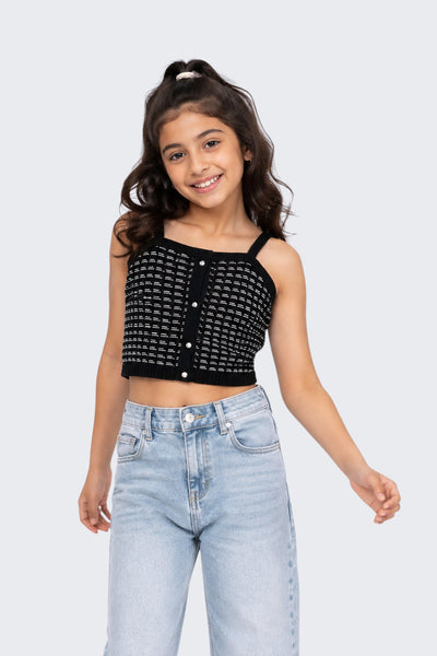 Tweens Girls Regular Fit Black Self Design Crop Top