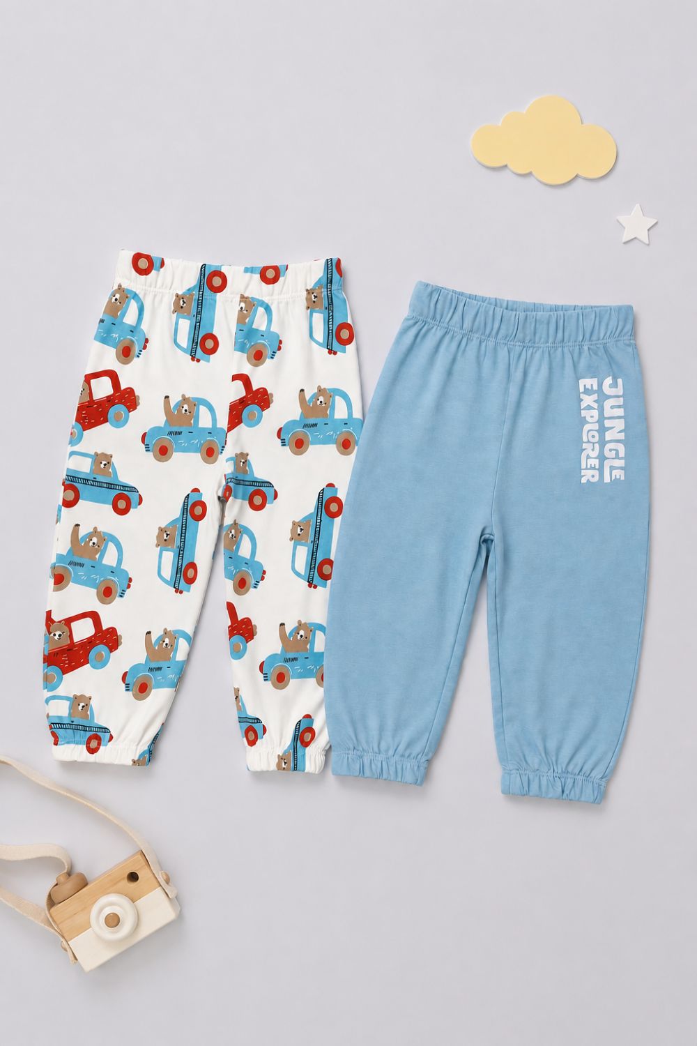 Infant Boys Blue and White Vehicle Printed Joggers - Pack of 2