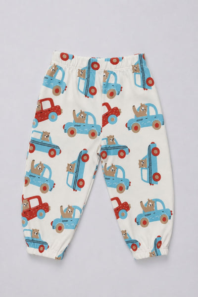 Infant Boys Blue and White Vehicle Printed Joggers - Pack of 2