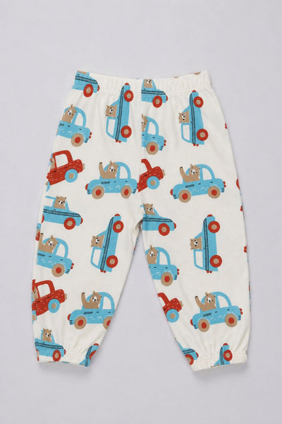 Infant Boys Blue and White Vehicle Printed Joggers - Pack of 2