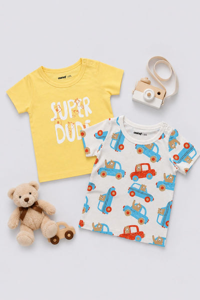 Infant Boys Blue and White Vehicle Printed T-Shirts - Pack of 2