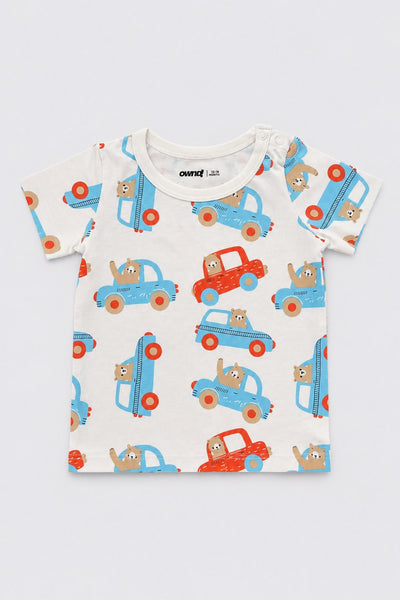 Infant Boys Blue and White Vehicle Printed T-Shirts - Pack of 2