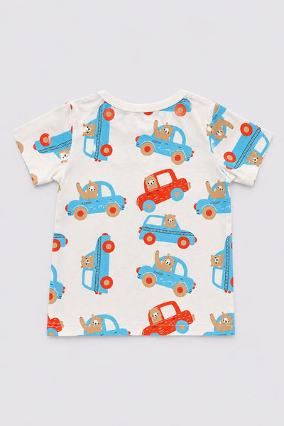 Infant Boys Blue and White Vehicle Printed T-Shirts - Pack of 2