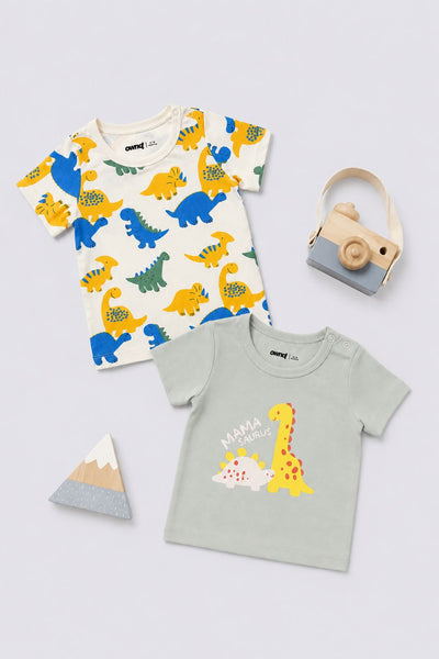 Infant Boys White and Green Dinosaur Print T-Shirts - Pack of 2