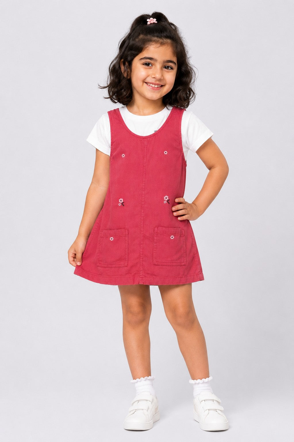Girls Red Embroidered Floral Pinafore Dungarees and T-Shirt