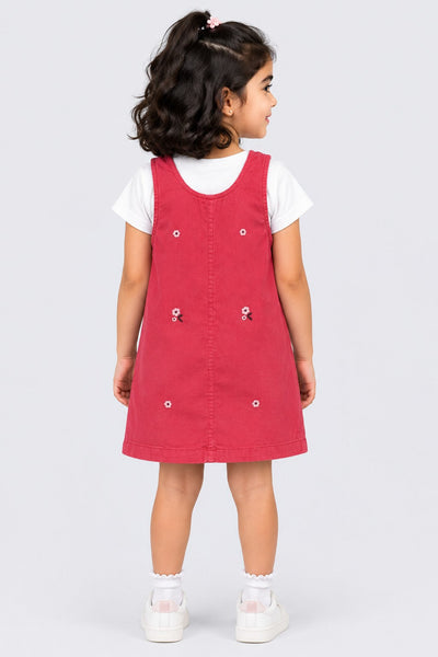 Girls Red Embroidered Floral Pinafore Dungarees and T-Shirt