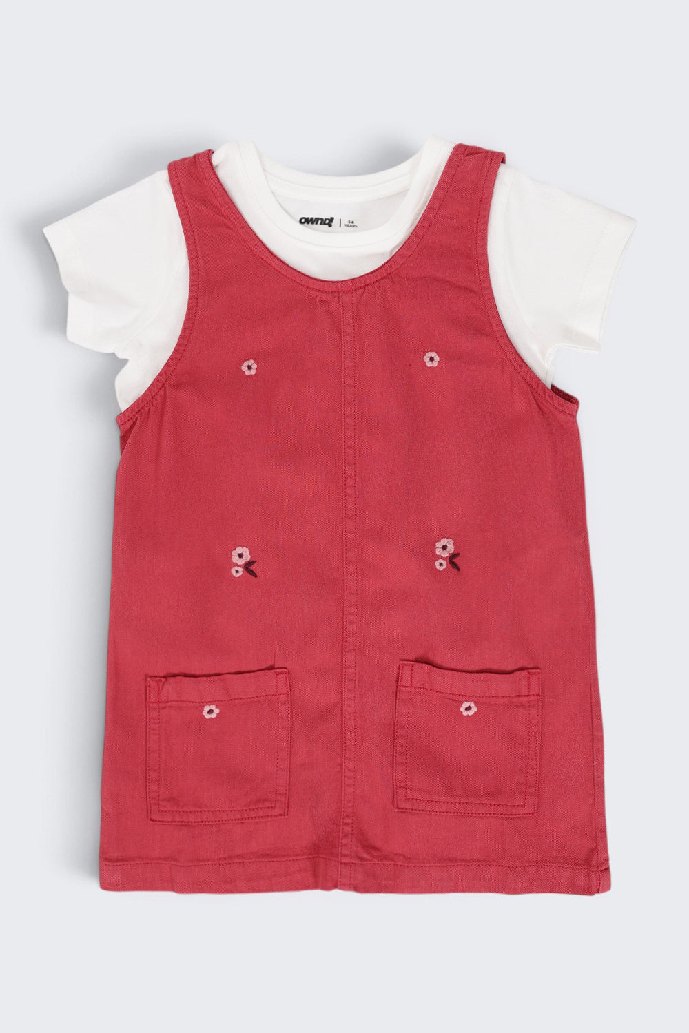 Girls Red Embroidered Floral Pinafore Dungarees and T-Shirt