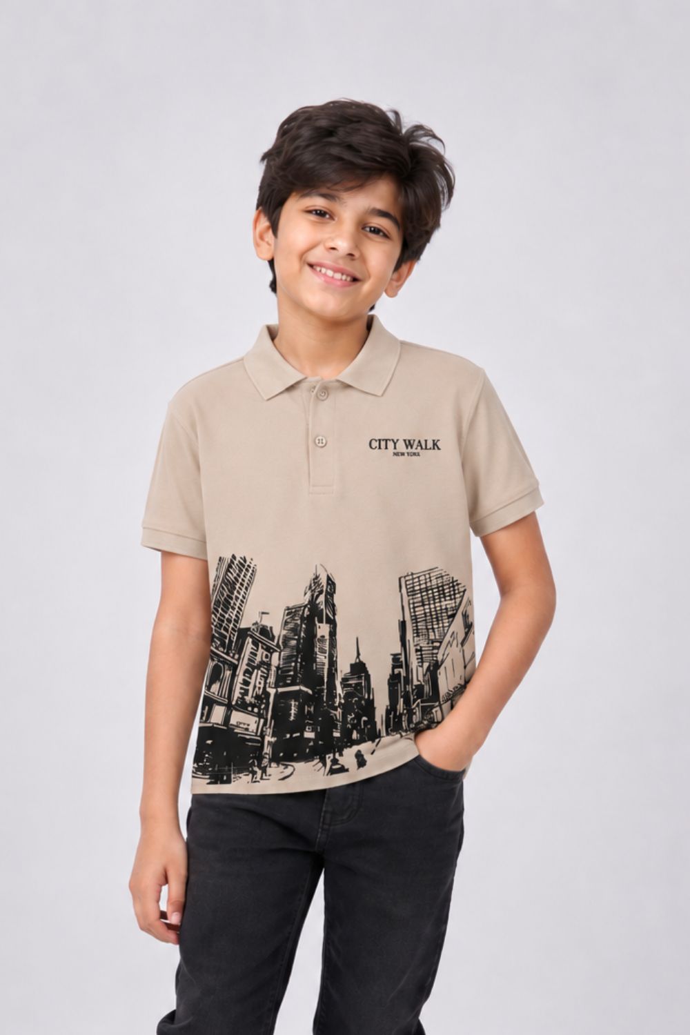 Tweens Boys Regular Fit Beige City Print T-Shirt