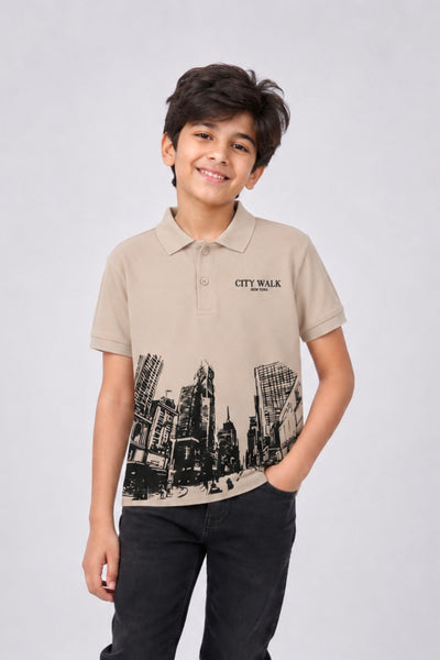 Tweens Boys Regular Fit Beige City Print T-Shirt