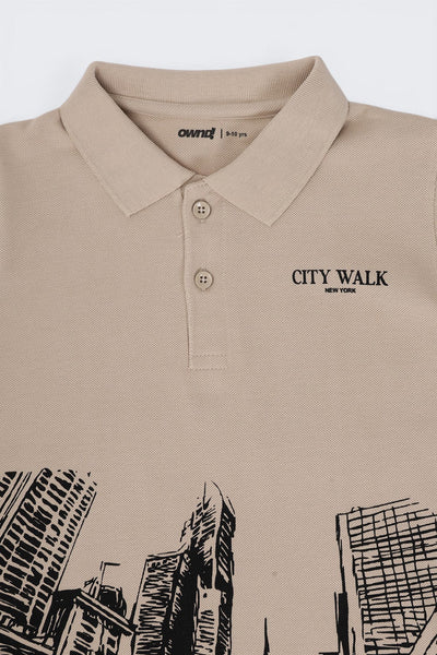 Tweens Boys Regular Fit Beige City Print T-Shirt