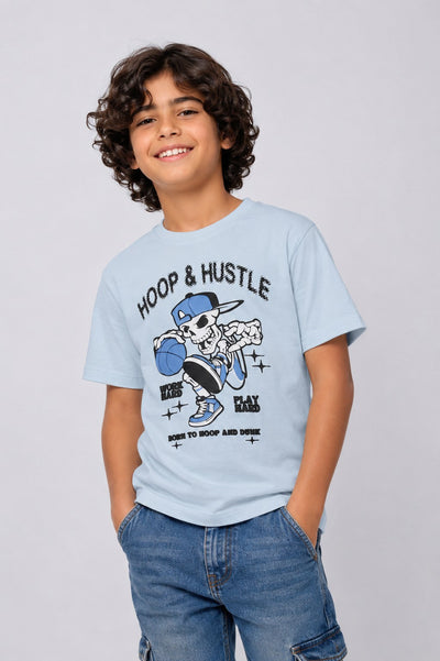 Tweens Boys Light Blue Basketball Graphic Printed T-Shirt