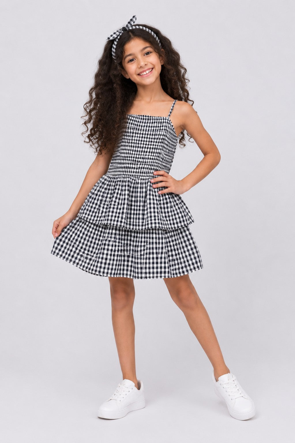 Tweens Girls Black Gingham Tiered Sleeveless Dress