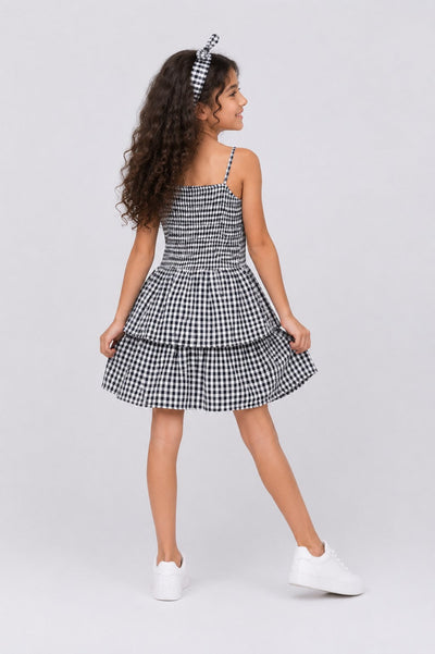 Tweens Girls Black Gingham Tiered Sleeveless Dress