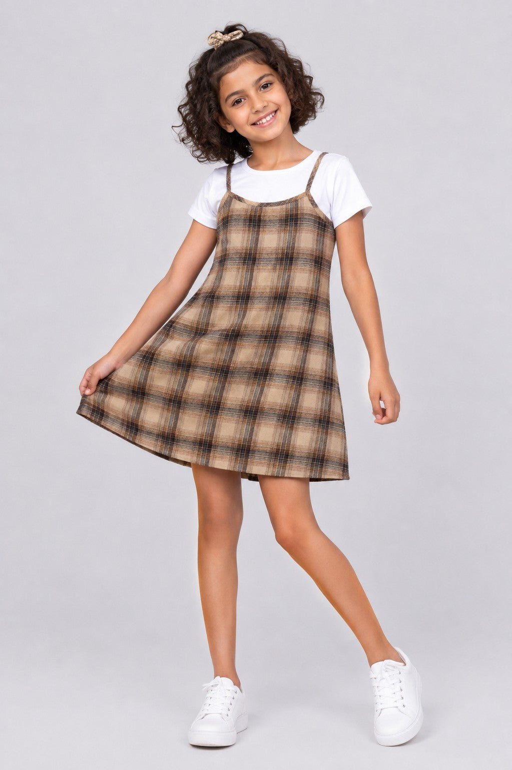 Tweens Girls Brown Checked Layered Pinafore Dress and T-Shirt