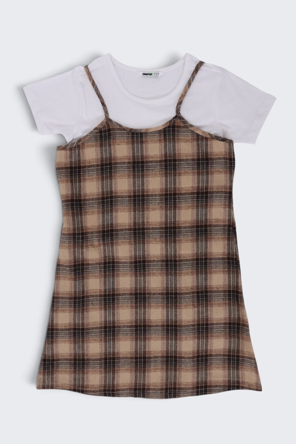 Tweens Girls Brown Checked Layered Pinafore Dress and T-Shirt