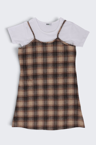 Tweens Girls Brown Checked Layered Pinafore Dress and T-Shirt