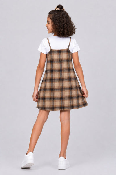 Tweens Girls Brown Checked Layered Pinafore Dress and T-Shirt
