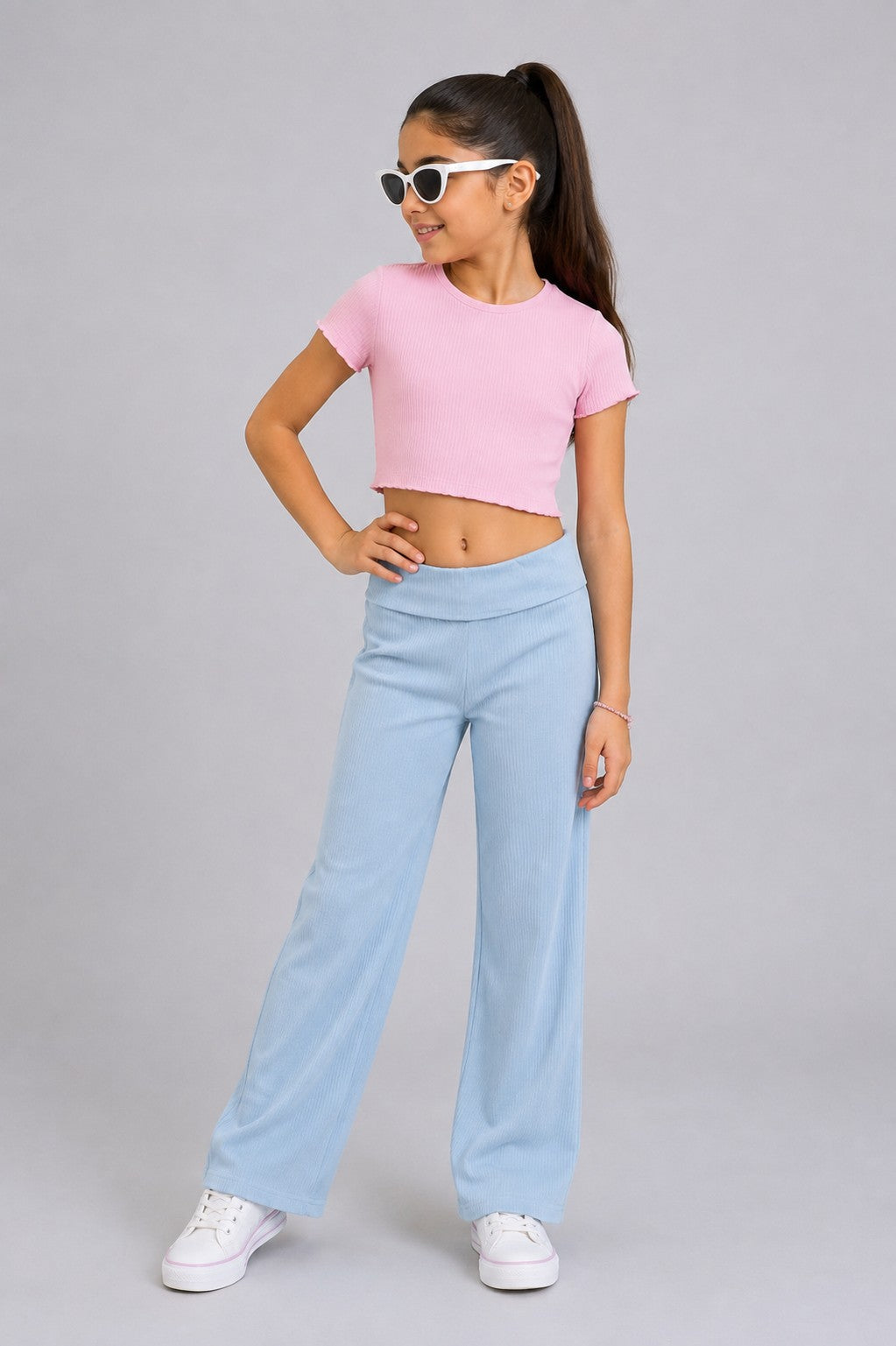 Tweens Girls Light Blue Ribbed Wide Leg Jogger