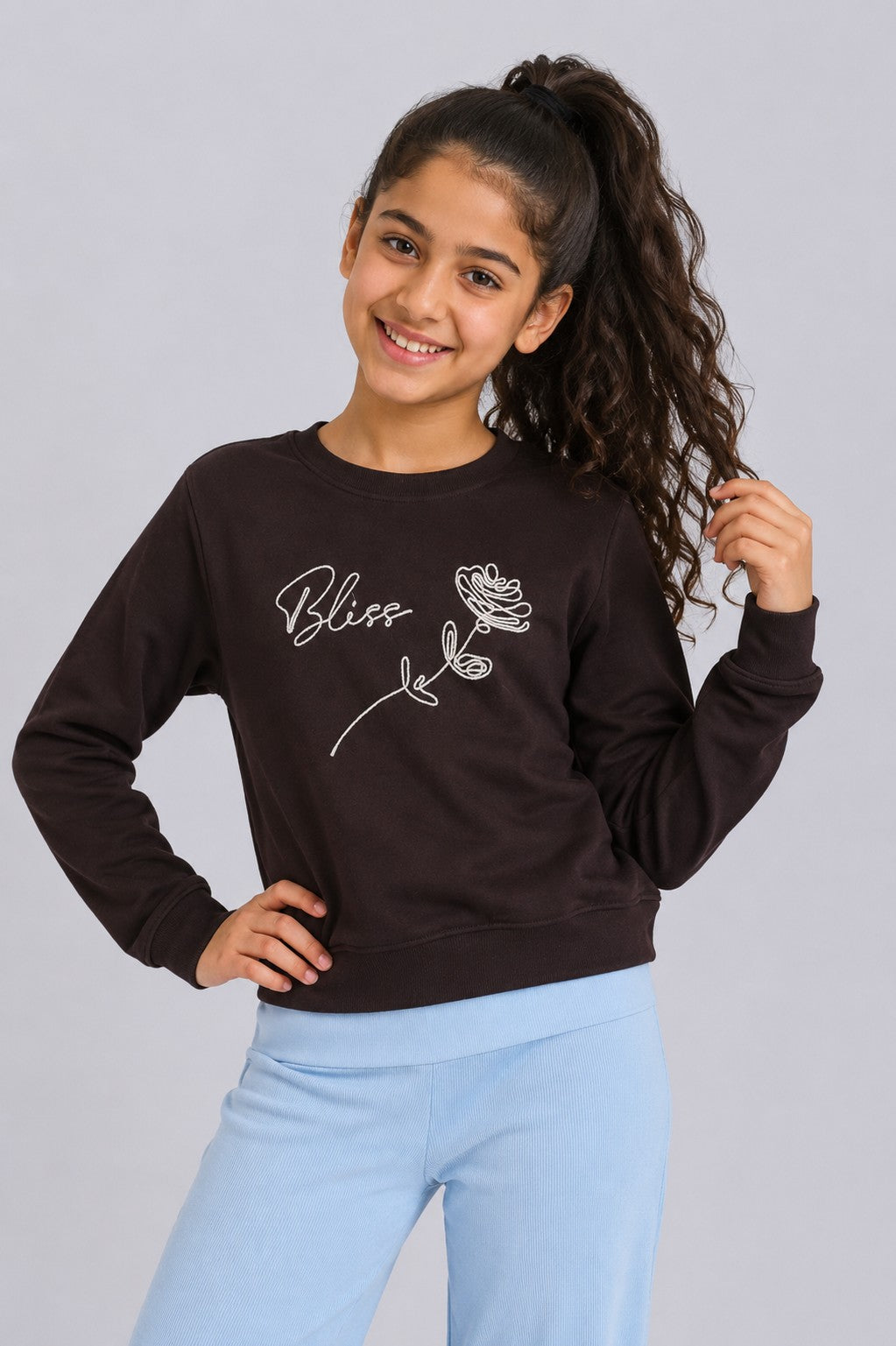Tweens Girls Brown Bliss Embroidered Graphic Sweatshirt