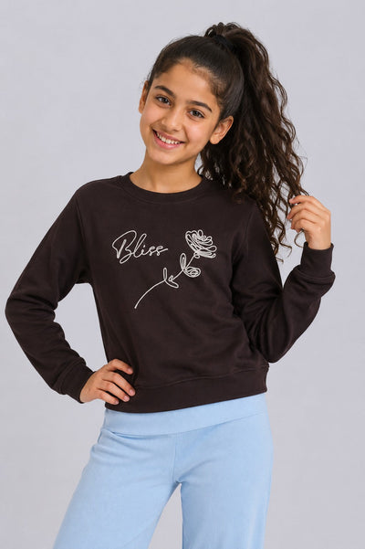 Tweens Girls Brown Bliss Embroidered Graphic Sweatshirt