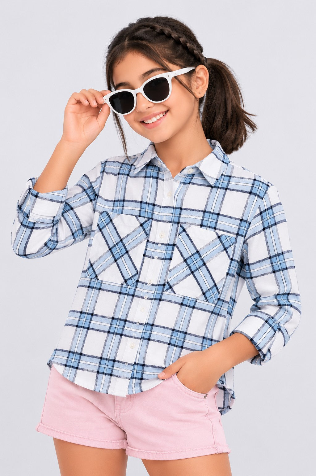 Tweens Girls Light Blue Checked Casual Shirt