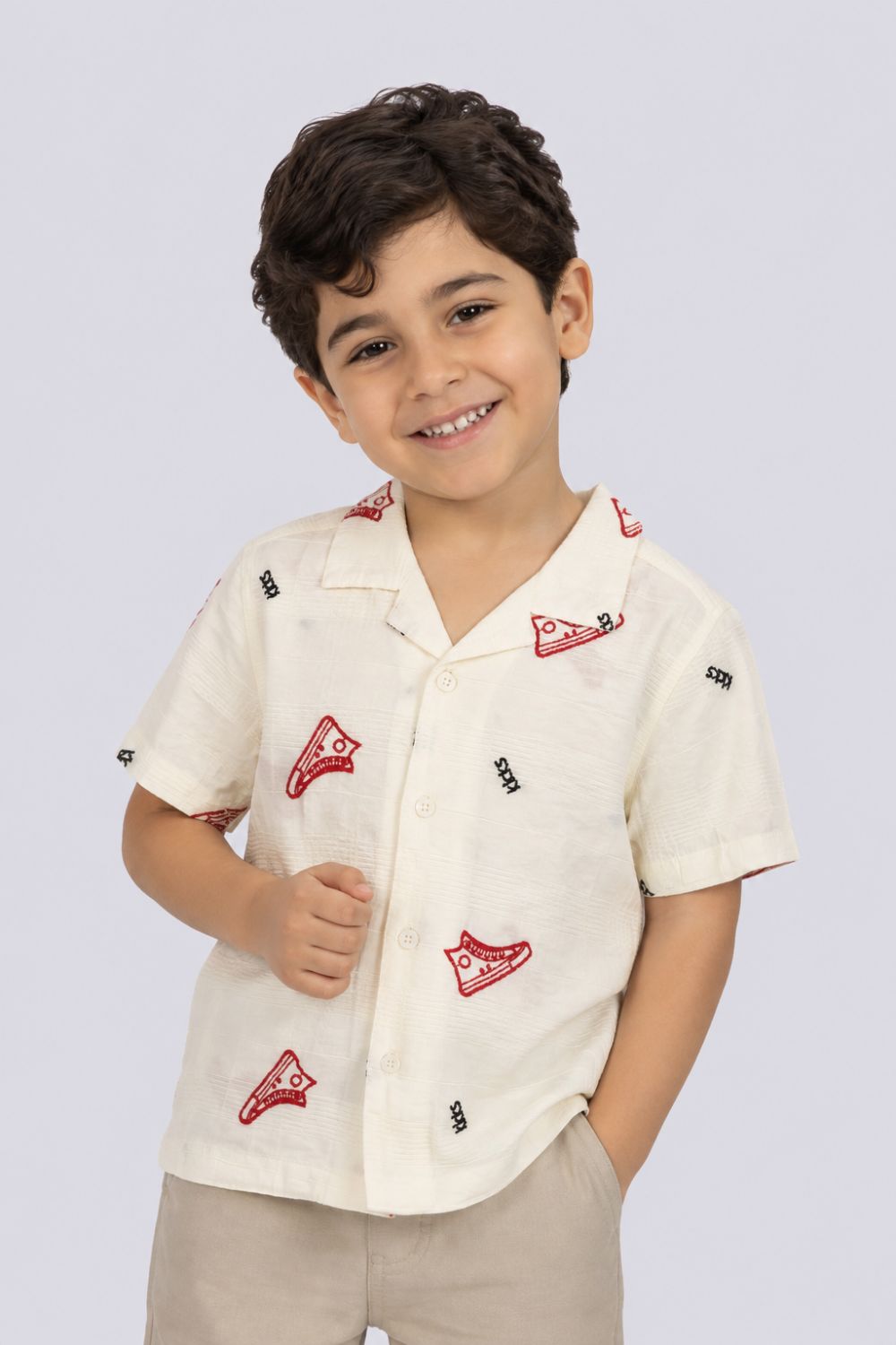 Boys Off White Embroidered Shirt