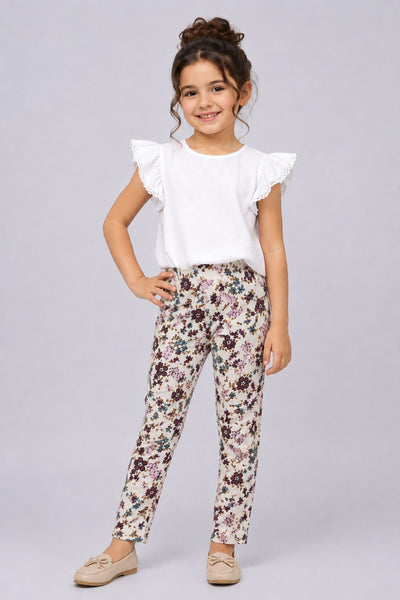 Girls Regular Fit Off White Floral Leggings