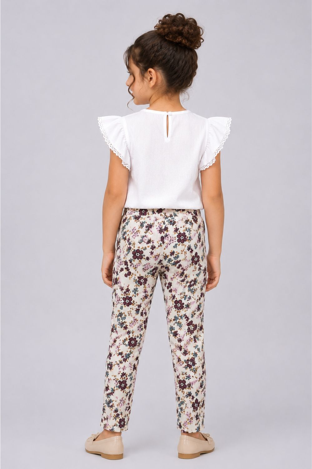 Girls Regular Fit Off White Floral Leggings