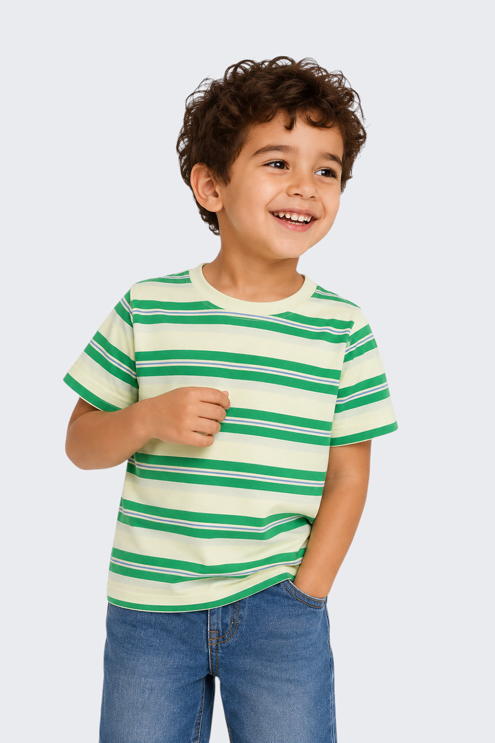 Boys Regular Fit Green Striped T-Shirt
