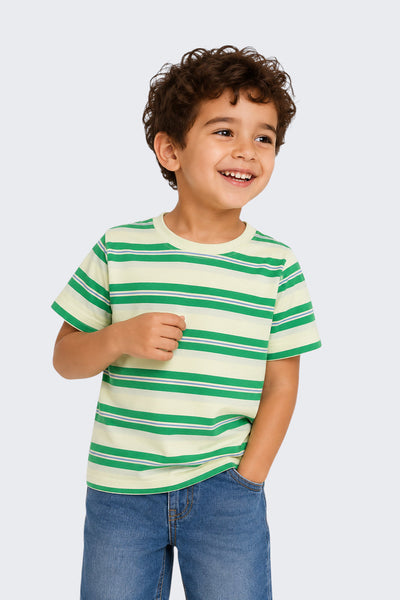 Boys Regular Fit Green Striped T-Shirt