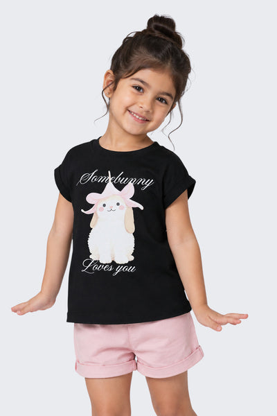 Girls Regular Fit Black Cartoon T-Shirt